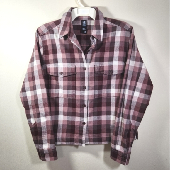 womens mtn hardwear moiry shirt jacket shacket sz m cropped 100% cotton plaid - Picture 1 of 9